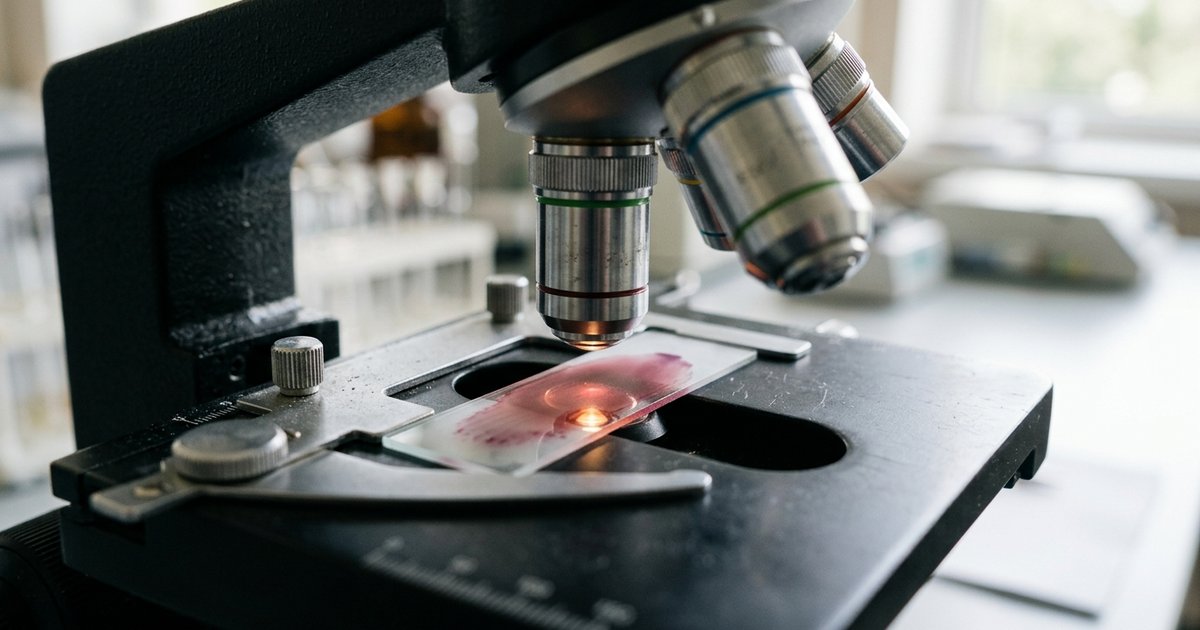 Close-up of a laboratory microscope with a glass slide of red-stained blood smear on the stage, soft lab lighting