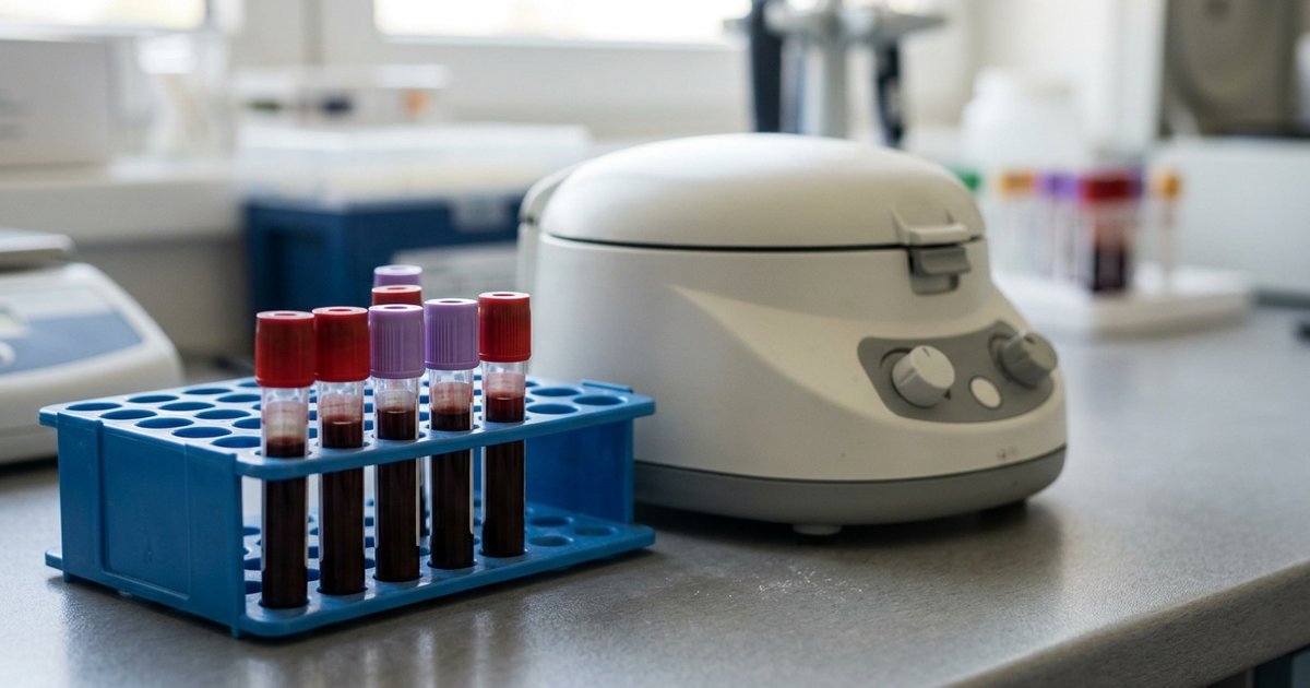 Close-up of a laboratory tray holding several filled blood sample tubes beside a small benchtop centrifuge