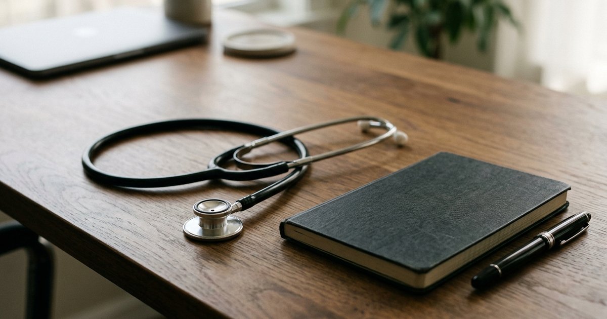 A stethoscope resting on a tidy wooden desk beside a closed notebook and a pen, soft window light