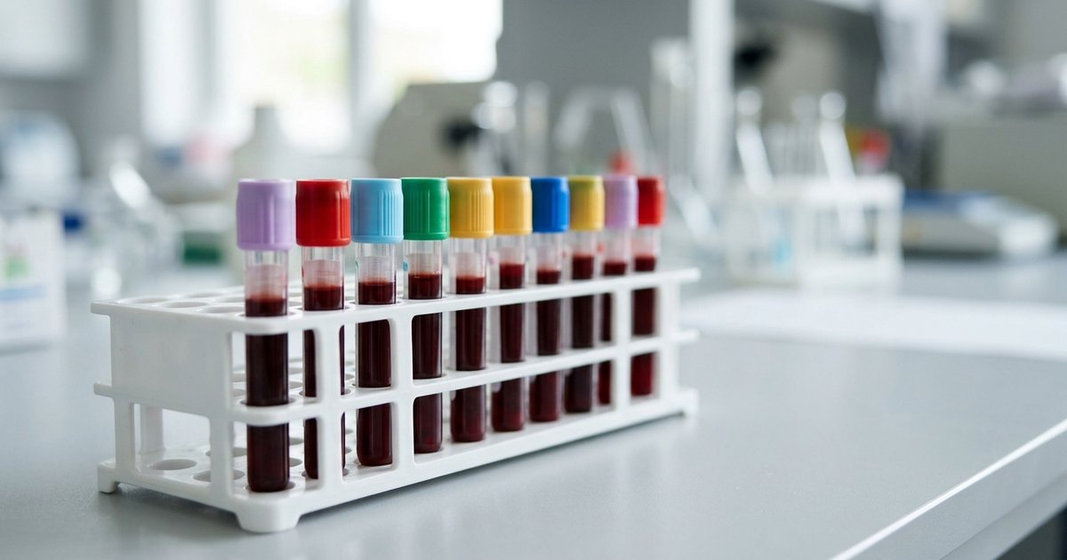 A row of blood collection tubes with different coloured caps standing in a white rack on a clean laboratory bench