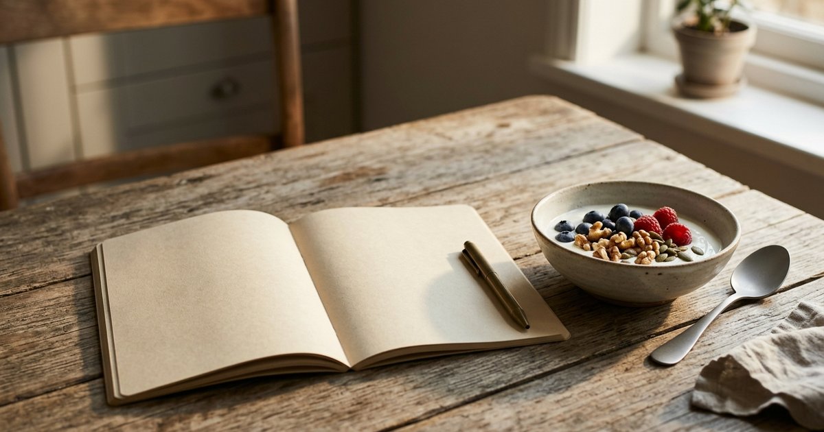 A blank open notebook and pen next to a simple breakfast of fruit, yoghurt and nuts on a kitchen table, morning light
