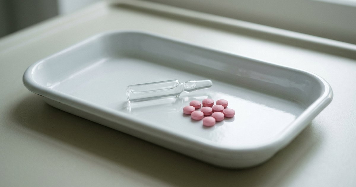 Small pink tablets and a sealed glass ampoule arranged on a white clinical tray, clean minimal composition