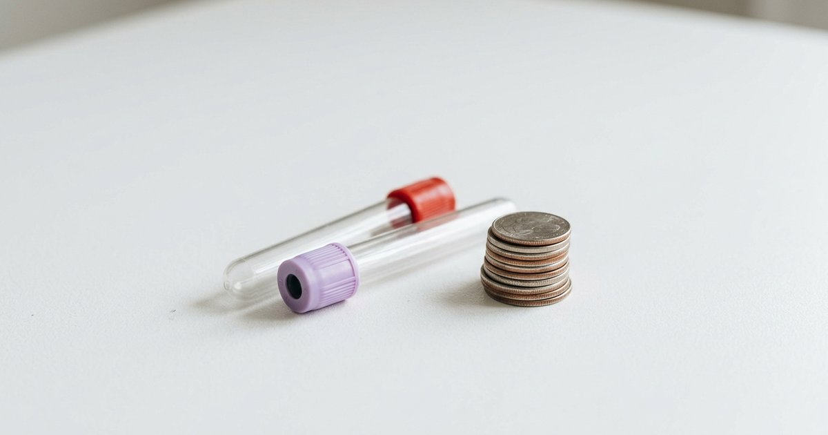 Two empty glass blood test tubes lying beside a small neat stack of coins on a white surface, minimal composition