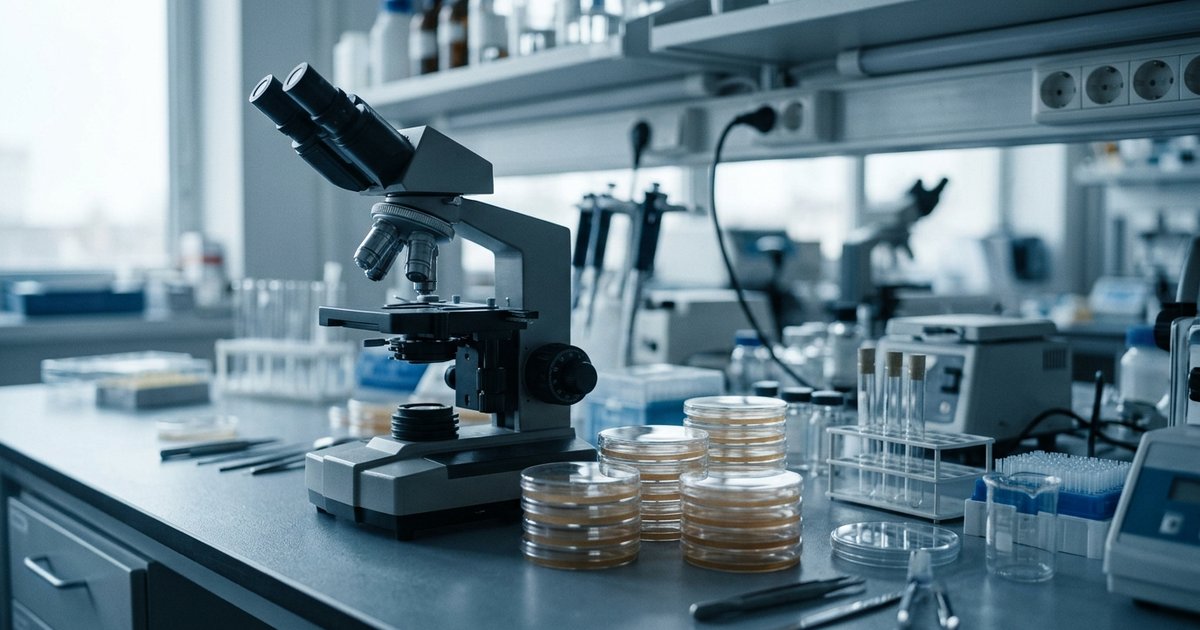 A research laboratory bench with a microscope and stacked petri dishes, cool blue-grey tones, calm and neutral
