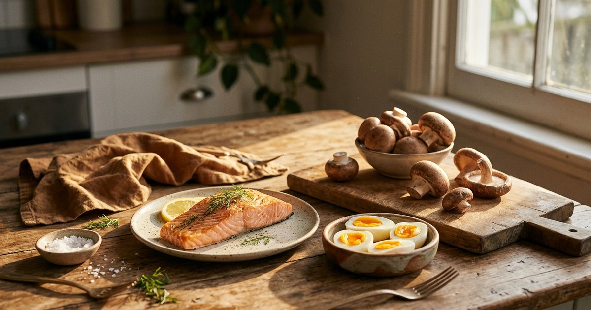 Warm sunlight streaming through a window onto a wooden table with vitamin D foods — a salmon fillet, boiled eggs and mushrooms