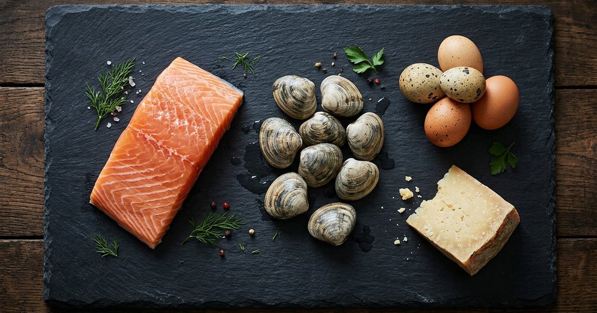 Vitamin B12-rich foods on a dark slate board — clams, eggs, a salmon fillet and a wedge of cheese, overhead