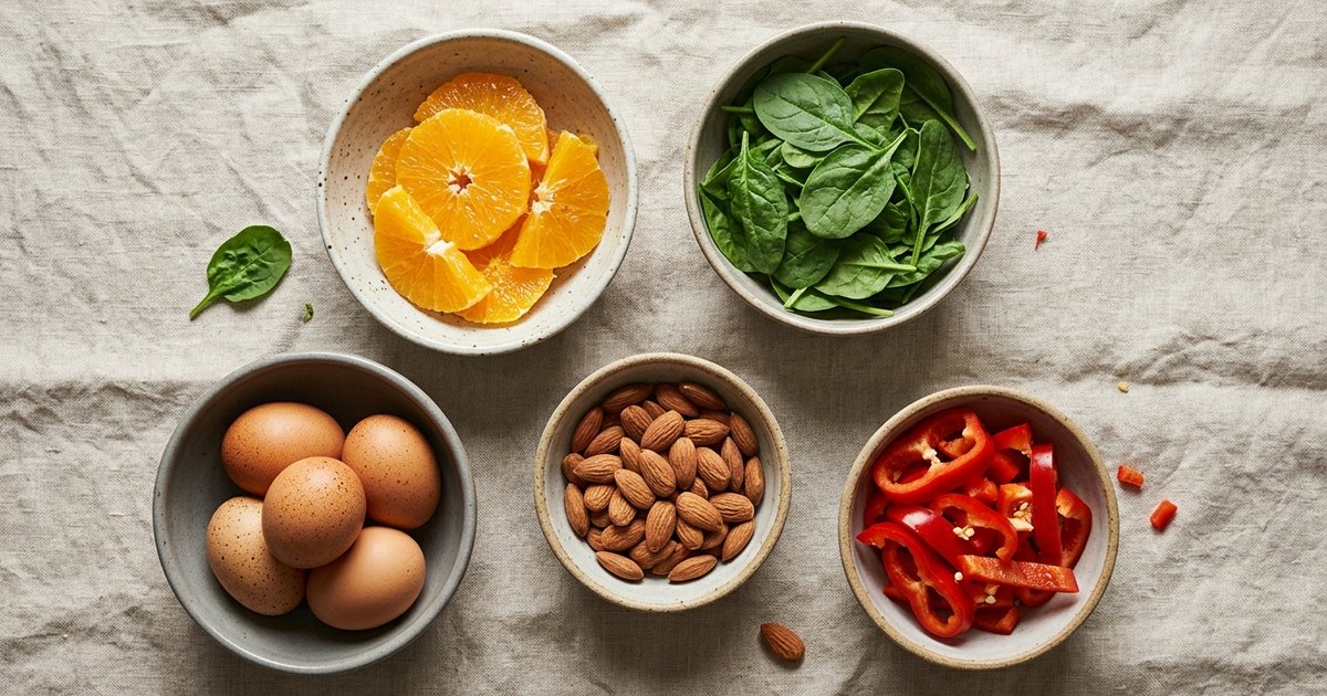 Overhead flat-lay of small ceramic bowls of vitamin-rich whole foods — orange segments, spinach leaves, eggs, almonds, red peppers — on natural linen