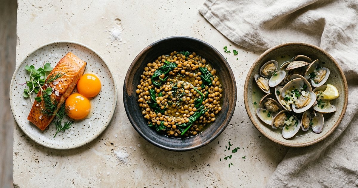 Overhead shot of three small dishes side by side: a salmon fillet with egg yolks, lentils with spinach, and clams, on a pale stone surface