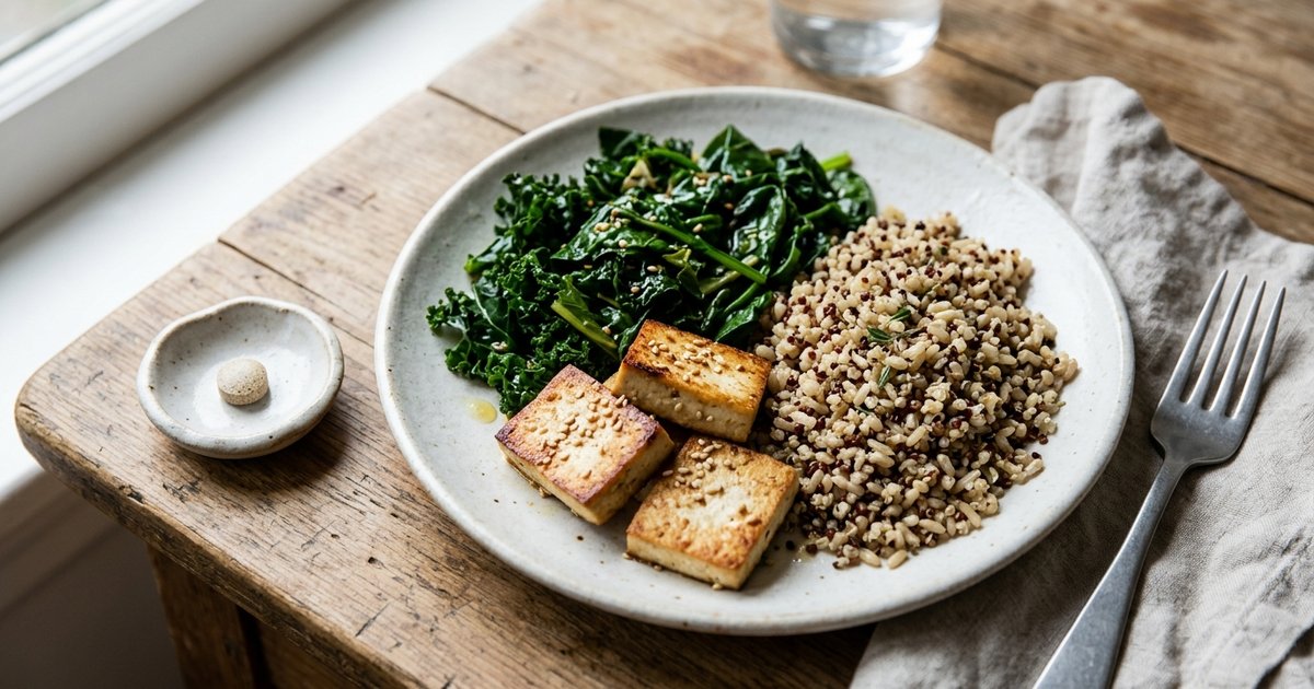 A plate of plant-based foods — tofu, greens, grains — beside a small dish holding a single supplement tablet, soft natural light