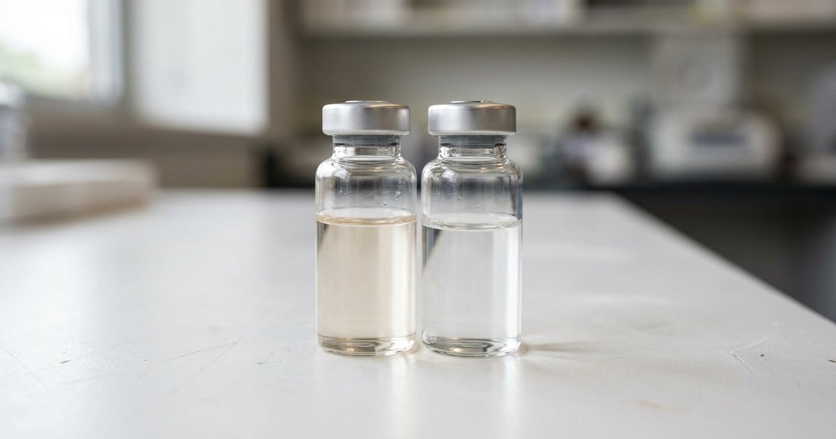 Two nearly identical small glass vials with clear liquid standing side by side on a white lab bench, one very slightly different in tint