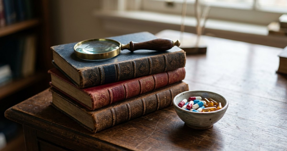 Closed medical reference books and a magnifying glass on a wooden desk beside a small bowl of capsules