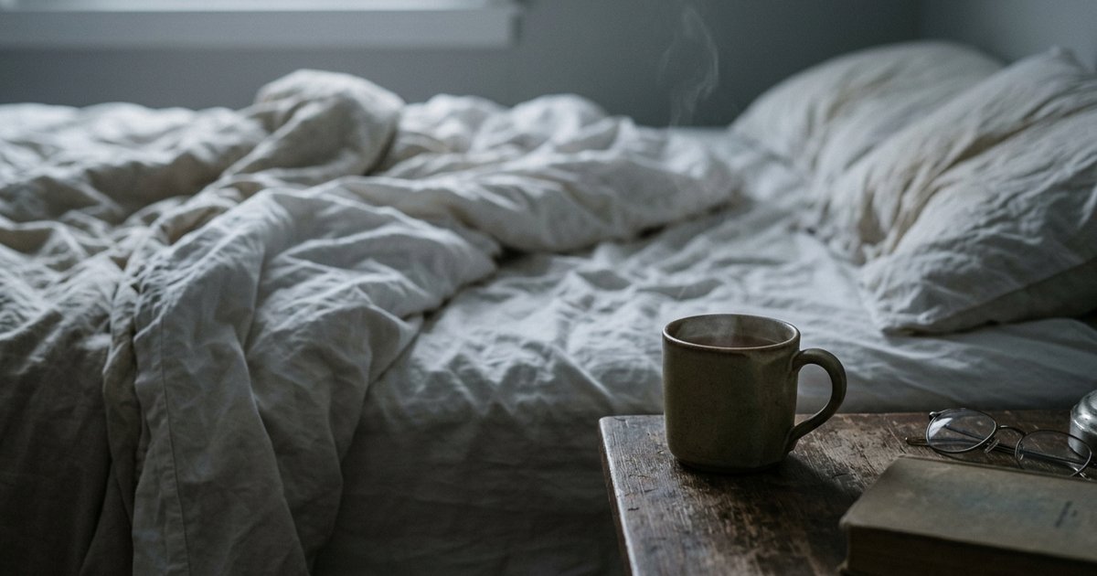 A cup of tea on a bedside table beside rumpled white bedsheets in dim grey morning light, quiet tired mood