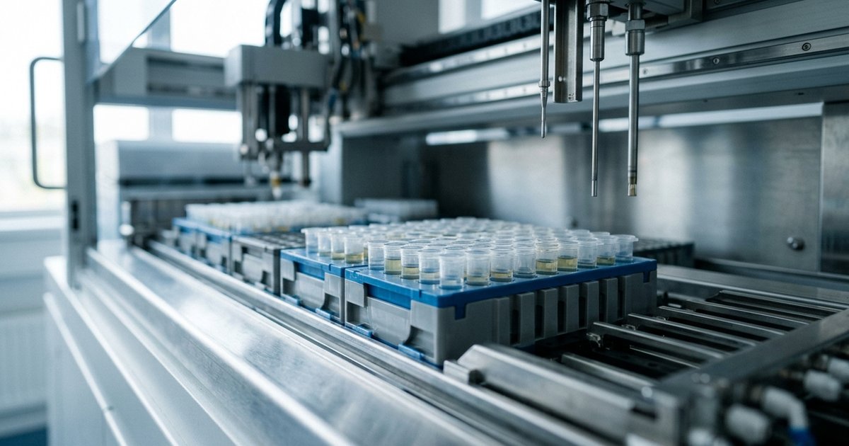 Racks of small sample cups loaded into an automated clinical laboratory analyser, shallow depth of field, cool clean lab tones
