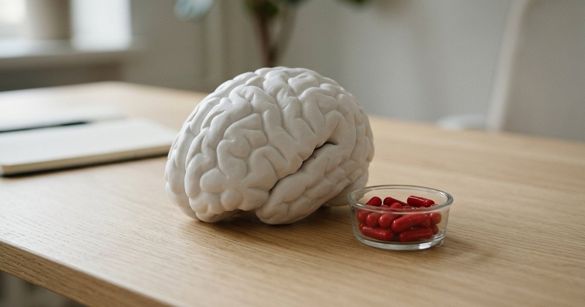 A white anatomical brain model on a clean desk next to a small glass dish of red capsules, soft neutral light