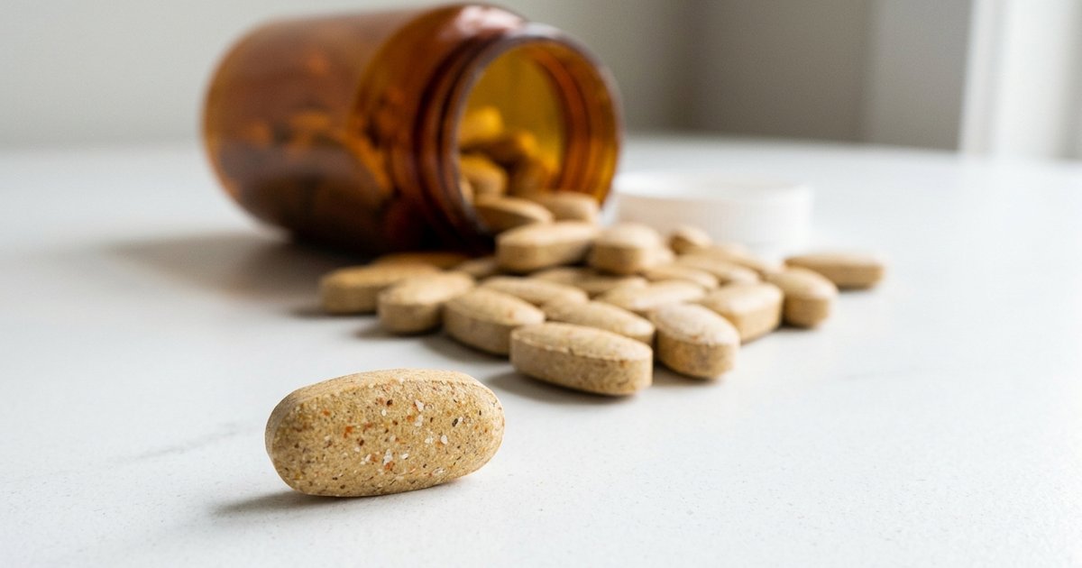 A single large multivitamin tablet in front of many identical tablets spilling from a tipped-over bottle on a white surface