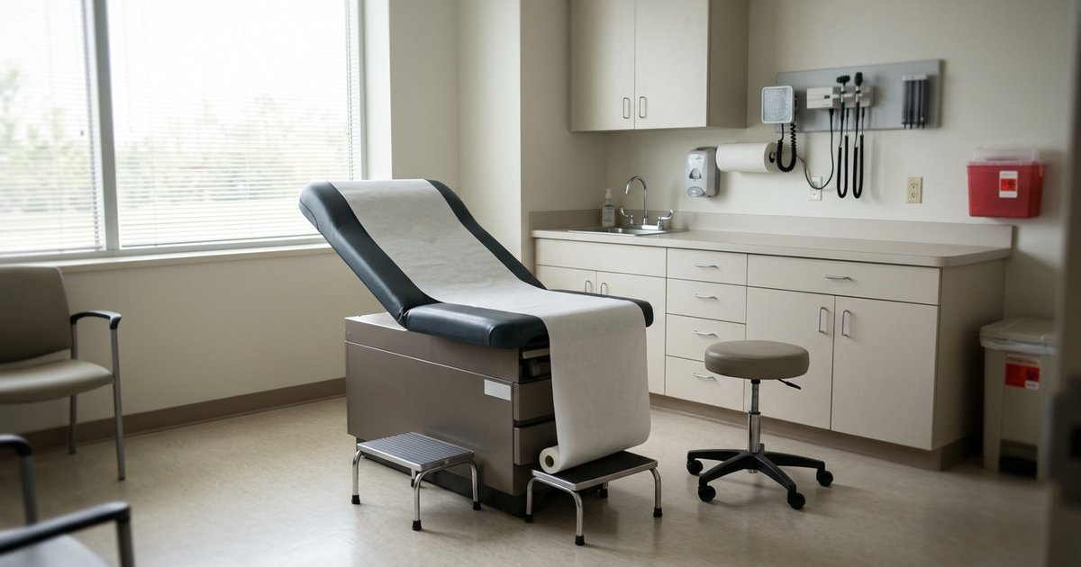 An empty, tidy clinic examination room with an exam table and paper roll, soft daylight from a window